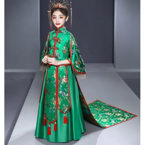 Girls Kids gold green Chinese style phoenix Hanfu fairy dress Empress Queen cosplay dress ancient folk costume Tang suit girl catwalk model trailing dresses